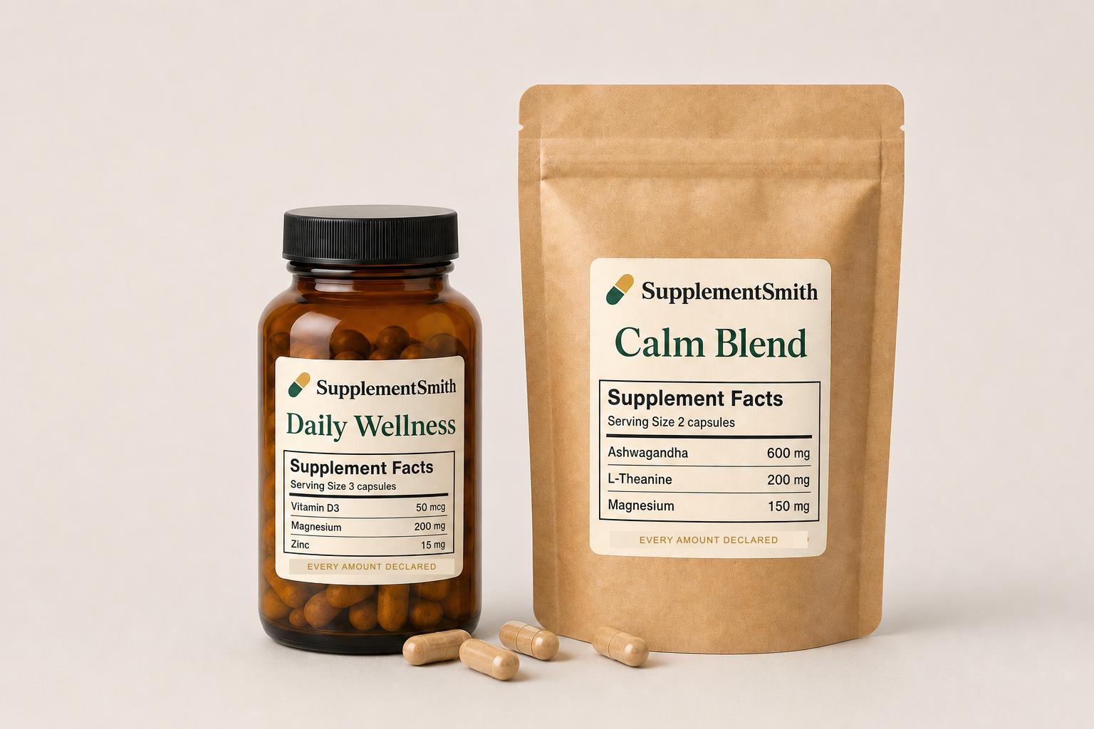 An amber apothecary jar and kraft pouch of custom supplements with botanicals, powder, and capsules