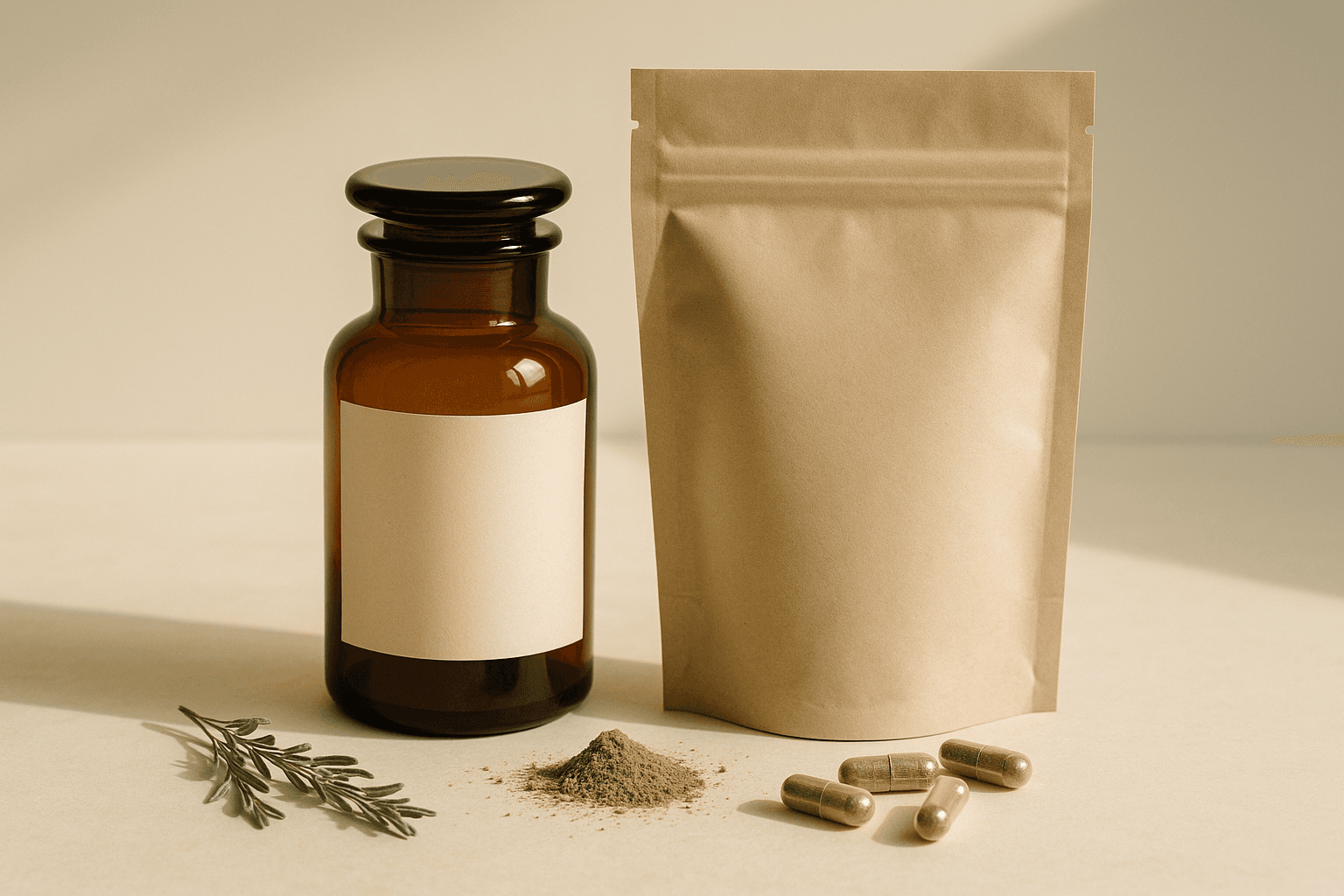 An amber apothecary jar and kraft pouch of custom supplements with botanicals, powder, and capsules
