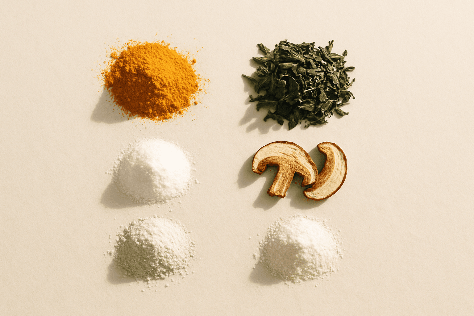 Individual supplement ingredients — turmeric, green tea, powders, dried mushroom — on parchment
