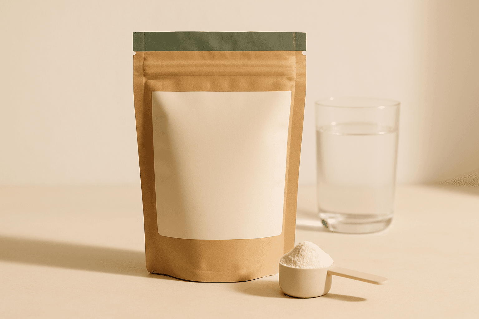 A kraft pouch and scoop of supplement powder